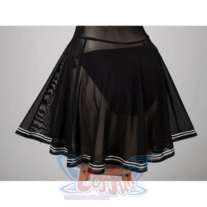 NieR Automata YoRHa 2B cosplay swim dress centers the flared back skirt and white stripe trim.