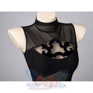 NieR Automata YoRHa 2B cosplay swim dress frames the floral chest cutout below the mesh collar.