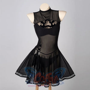 COSFUN NieR Automata YoRHa 2B cosplay swim dress centers a sheer black mesh bodice above the flared skirt.