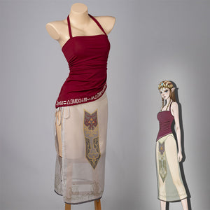 COSFUN Twilight Princess Zelda cosplay tankini layers a burgundy halter top over a sheer cream skirt.