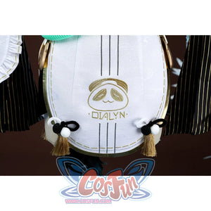 Zenless Zone Zero Dialyn cosplay bodice detail shows the Dialyn print below slim gold straps
