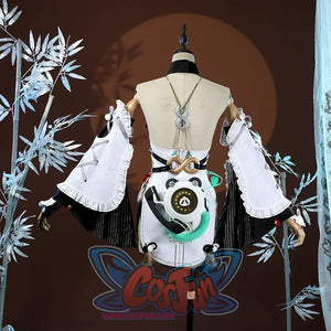 Zenless Zone Zero Dialyn cosplay costume back view highlights gold waist hardware over white fabric