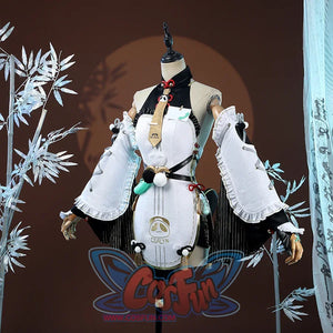 Zenless Zone Zero Dialyn cosplay costume front detail shows ruffled sleeves around a white bodice and black tie