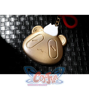 Zenless Zone Zero Dialyn cosplay panda waist pendant close-up shows rounded gold-tone hardware and black accents