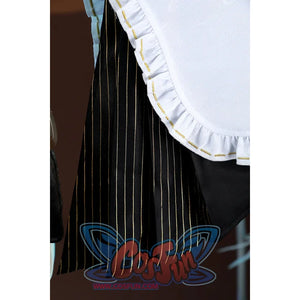 Zenless Zone Zero Dialyn cosplay skirt fringe detail shows long black strands falling beneath the white sleeve