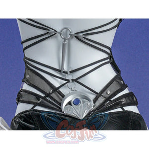 Zenless Zone Zero Promeia cosplay costume back lacing detail crosses black straps over the pale center panel.