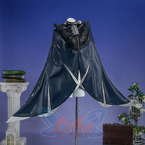 Zenless Zone Zero Promeia cosplay costume angles the glossy dark cape around the high collar and silver trim.