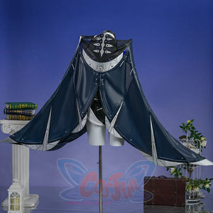 Zenless Zone Zero Promeia cosplay costume reveals the cape back with dark panels falling around the collar structure.