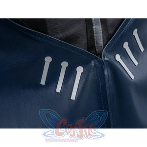 Zenless Zone Zero Promeia cosplay costume cape front detail traces silver markings through dark glossy panels.