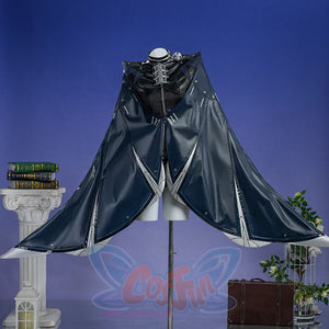 COSFUN Zenless Zone Zero Promeia cosplay costume spreads a dark cape around a black collar and silver waist points.