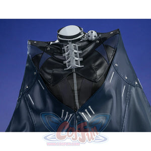 Zenless Zone Zero Promeia cosplay costume collar detail centers black rings and silver buckle pieces above the cape.
