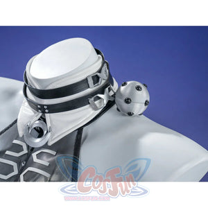 Zenless Zone Zero Promeia cosplay costume collar close-up frames silver ring hardware beside white shoulder pieces.