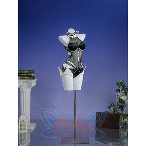 Zenless Zone Zero Promeia cosplay costume angles the black jumpsuit to show silver side points and chest curves.