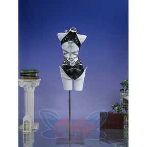 Zenless Zone Zero Promeia cosplay costume reveals the back lacing and black panels of the jumpsuit.