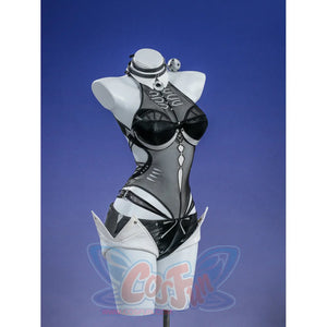 Zenless Zone Zero Promeia cosplay costume close-up centers the black chest curves and silver lower paneling.