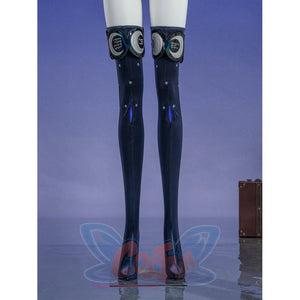 Zenless Zone Zero Promeia cosplay costume leg ring detail wraps black glossy straps and round accents down the legs.