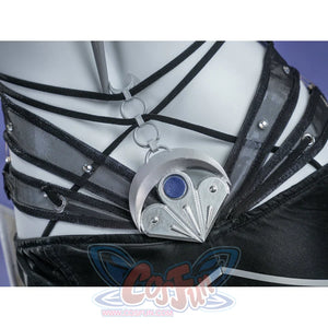 Zenless Zone Zero Promeia cosplay costume waist gem detail sets a blue-toned crescent piece under black straps.