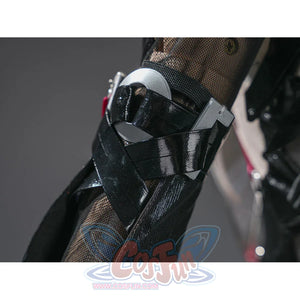 Zenless Zone Zero Ramiel cosplay costume arm strap detail anchors black bands over mesh and glossy fabric.