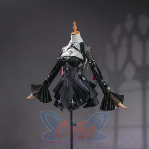 Zenless Zone Zero Ramiel cosplay costume balances the dark skirt, black sleeve flares, and red side ribbons.