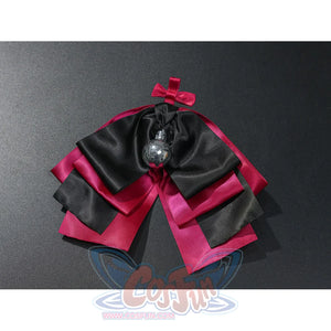 Zenless Zone Zero Ramiel cosplay costume hair bow detail pairs black satin loops with red tails and silver stars.