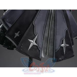 Zenless Zone Zero Ramiel cosplay costume skirt panel detail drops silver stars over pleated black fabric.