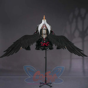 Zenless Zone Zero Ramiel cosplay costume reveals black wings and red bow accents across the back of the dress.