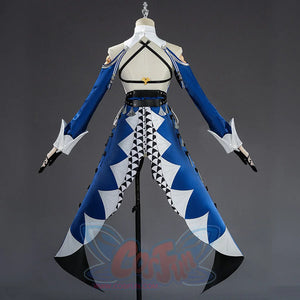 Zenless Zone Zero Velina Airgid cosplay costume back view shows blue panels flowing over a black split train.
