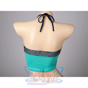Zoey cosplay tankini back top detail frames the teal band and navy neck tie across the upper swim top.