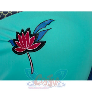 Zoey cosplay tankini flower patch detail centers a red blossom graphic on teal swim fabric.