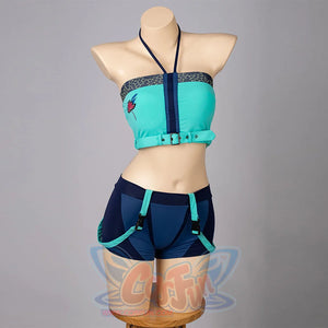 COSFUN Zoey cosplay tankini set pairs a teal halter top with navy shorts and harness-style straps.