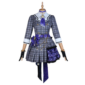 COSFUN hololive Virtual YouTuber Hoshimachi Suisei cosplay dress layers purple star belt over plaid skirt.