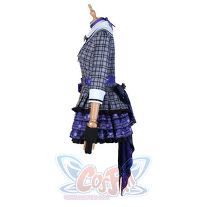 hololive Virtual YouTuber Hoshimachi Suisei cosplay costume side view pairs tiered plaid dress with black glove.