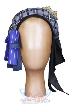 hololive Virtual YouTuber Hoshimachi Suisei cosplay hat frames blue striped bow beside jeweled crown pin.