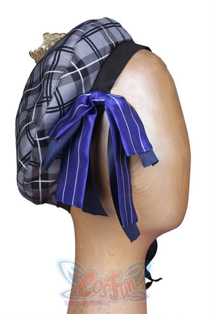 hololive Virtual YouTuber Hoshimachi Suisei cosplay beret balances blue ribbon against gold trim in profile.
