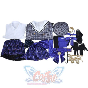 hololive Virtual YouTuber Hoshimachi Suisei cosplay full set lays out plaid skirt, gloves, and hat accessories.