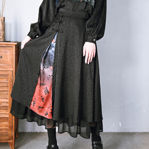 Chinese Style Spliced Printed A-line High Waist Mid Length Skirt