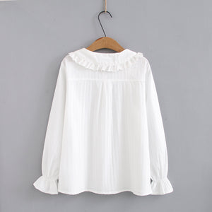 Soft Girl Sweet Doll Neck Lace Flare Sleeve Hollow Out Shirt S22291