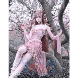 Summer Romantic Gothic Velvet Drawstring Pink Lace Suspender Dress S22015 - cosfun