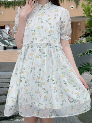 Soft Girl Floral Bubble Sleeve Cute Modified Qipao Dress