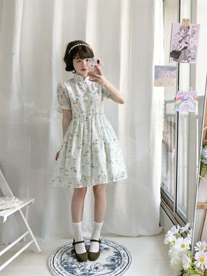 Soft Girl Floral Bubble Sleeve Cute Modified Qipao Dress
