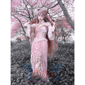 Summer Romantic Gothic Velvet Drawstring Pink Lace Suspender Dress S22015 - cosfun