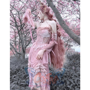 Summer Romantic Gothic Velvet Drawstring Pink Lace Suspender Dress S22015 - cosfun