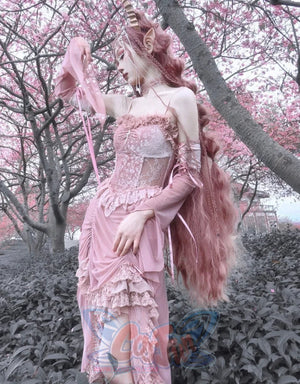 Summer Romantic Gothic Velvet Drawstring Pink Lace Suspender Dress S22015 - cosfun