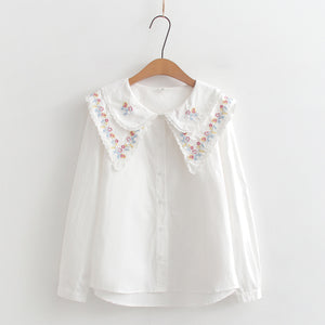 Lace Doll Neck Double Layer Embroidery Long Sleeve Shirt