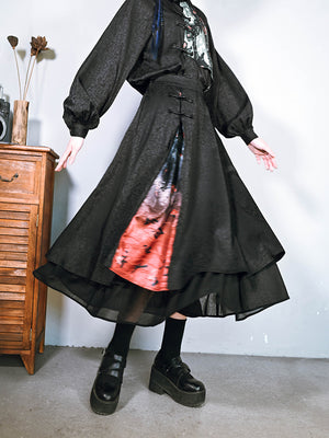Chinese Style Spliced Printed A-line High Waist Mid Length Skirt
