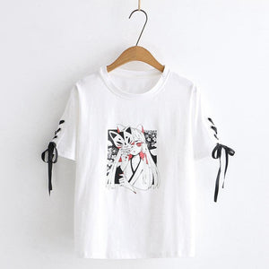 Cartoon Fox Print Lace-Up Sleeves Summer T-Shirt Two Colors White / M T-Shirt
