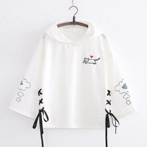 Cat Dream Laced-Up Loose Hoodie White / One Size Sweatshirt