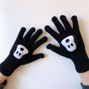 Couple Cute Little Monster Cartoon Students Warm Winter Handmade Gloves Black Dog / One Size