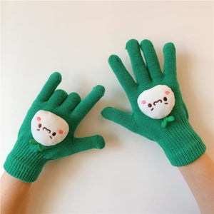 Couple Cute Little Monster Cartoon Students Warm Winter Handmade Gloves Green Bean Sprout / One Size