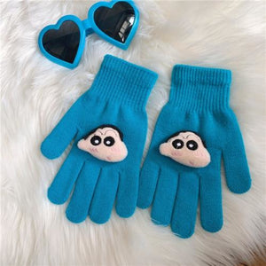 Couple Cute Little Monster Cartoon Students Warm Winter Handmade Gloves Lake Blu Crayon Shin / One
